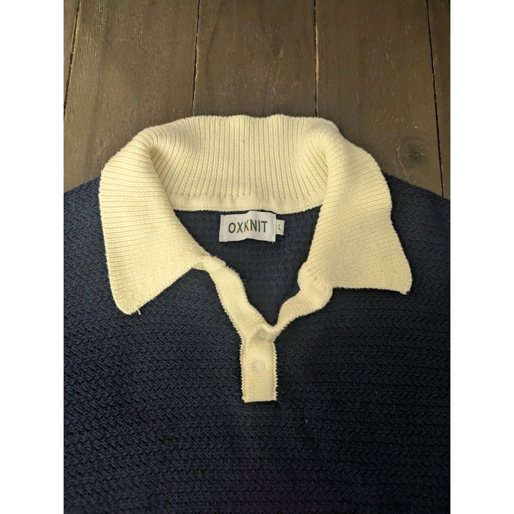 OXKNIT Sweater Shirt Men's Large Blue Short Sleeve Mod V Neck 60s Polo Sweater